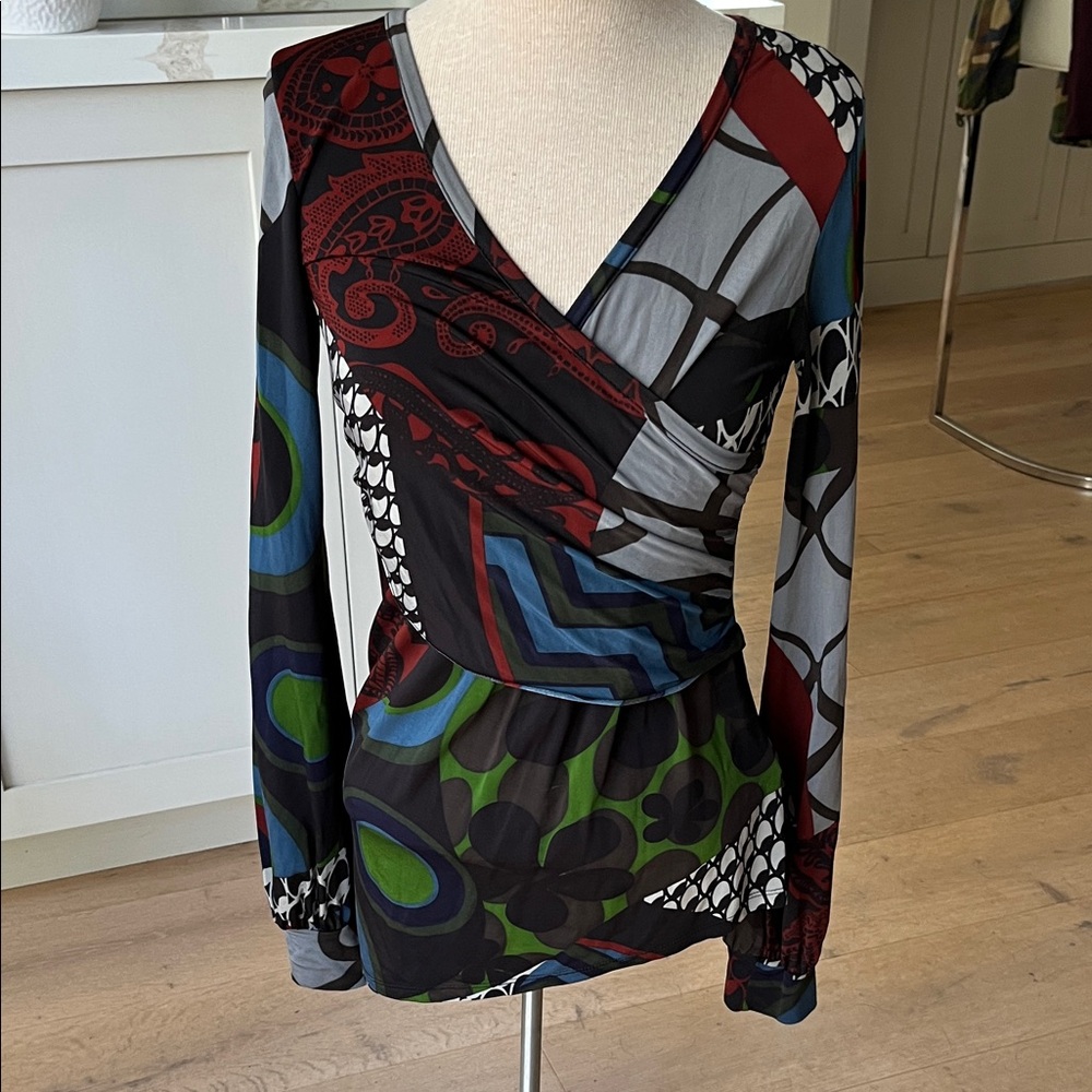 La Fee Maraboutee Sleeve V-Neck Mixed Print Long Sleeve Faux Wrap Women's Top
